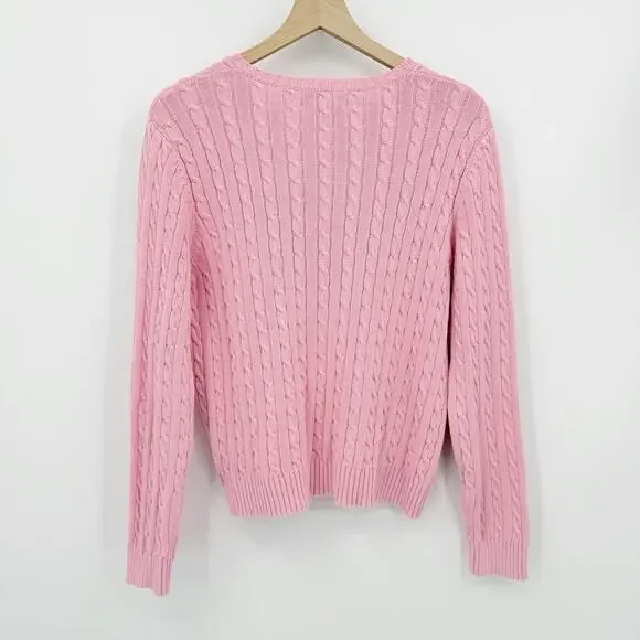 Lauren Ralph Lauren Pink Cable Knit Sweater Cotton RL Logo L Barbiecore Preppy - Picture 2 of 6